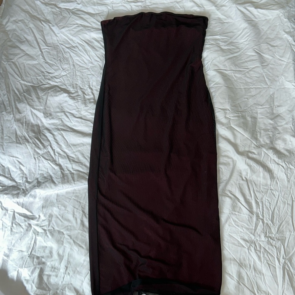 Strap less body con red with black overlay midi dress